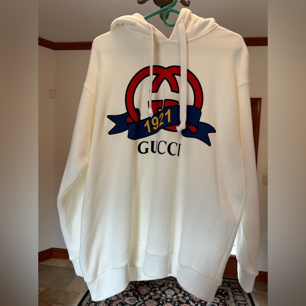 Men's Gucci jersey cotton hoodie, interlocking G 1921 anniversary motif large